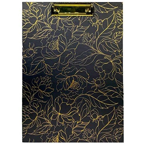 Steel Mill & Co Cute BlackGold Decorative Letter Size Clipboard for Women, Sturdy Hardboard Clipboard with Secure Low Profile Metal Clip for SchoolOfficeHospital, Linear Gold Floral