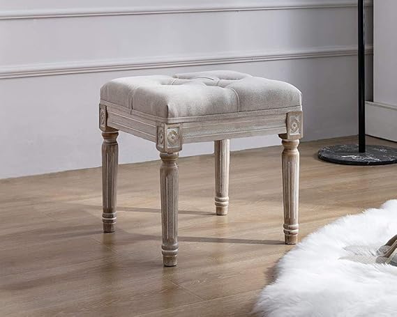 Kmax Small Padded Bench, Square Upholstered Rustic Ottoman Bench, Vanity Stools for Bedroom, 15.75" x 15.75" x 15.7" Beige