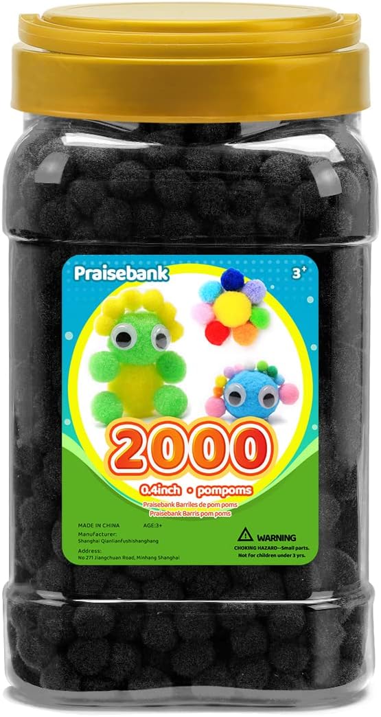 Praisebank Black Pom poms, 2000pcs, 1cm, Pom Poms for Arts and Crafts, Pom Pom Balls in jar