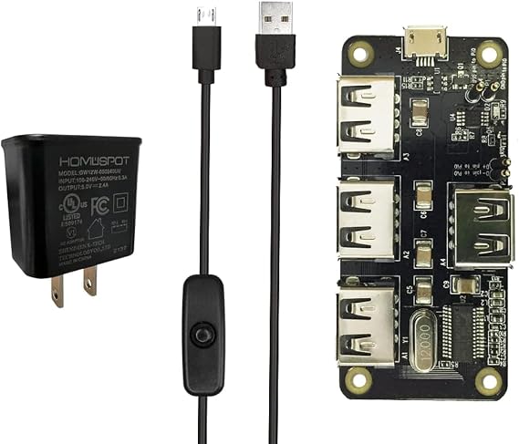 4-Port Stackable USB Hub HAT for Raspberry Pi Zero W V1.3 & Pi Zero W /2W with 2.4A Power Supply & 1.5m Micro USB Cable with On Off Switch
