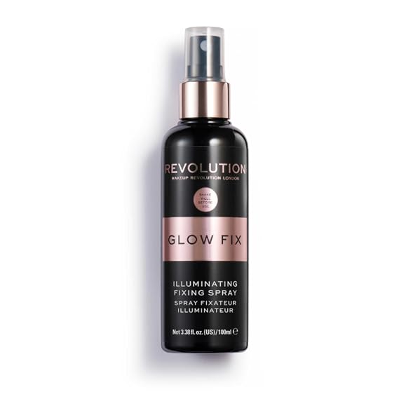 Revolution, Glow Fix Illuminating Fixing Spray, Makeup Setting Spray, Glowy Finish, Hydrating Long-Lasting Hold, Vegan & Cruelty-Free, 3.38 oz