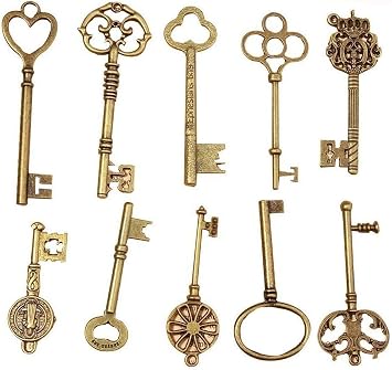Mixed 10 Skeleton Keys Antique Bronze Finish Skeleton Keys Extra Large Vintage Skeleton Keys for Party Wedding DIY Crafts Favors Charms,10 Styles