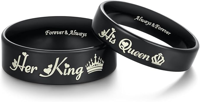 His Queen & Her King Matching Black Titanium Stainless Steel Rings for Couples - Romantic Gifts for Anniversary, Valentine's Day, and Weddings