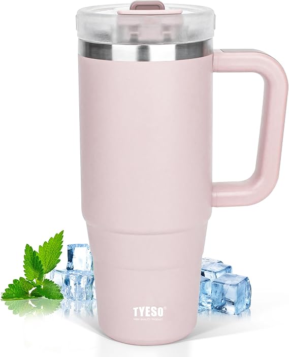 Tyeso 40 oz Tumbler with Handle, Straw and Lid - Leak Resistant Insulated Stainless Steel Water Bottle, Car Cup Holder Friendly Travel Coffee Mug Pink - Gifts for Men & Women