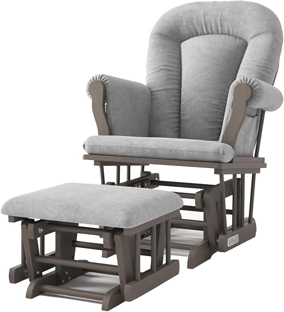 Child Craft Cozy Glider Rocker and Ottoman Set, Smooth Quiet Gliding Motion, Padded Cushion with Convenient Storage Pockets, Solid Wood Base & Frame (Dapper Gray with Light Gray Cushion)