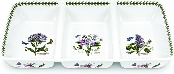 Portmeirion Botanic Garden 3-Section Server, Assorted Floral Motif (17 x 9.5") - Durable Fine Porcelain, Chip-Resistant Glaze - Dishwasher, Microwave, Freezer, Oven Safe - Elegant Farmhouse Serveware