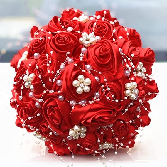 Sharebeauty 7.1" Handmade Satin Rose Bridal Bouquet Toss Round Wedding Bouquet Throw Toss Artificial Flower Bunch Red