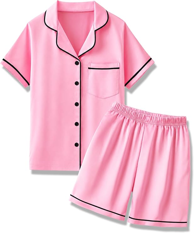 Mikrdoo Girls Pajamas Set Soft Silk Satin Pajamas 2 Piece Short Sleeve Sleepwear for Kids Size 4-16 Years