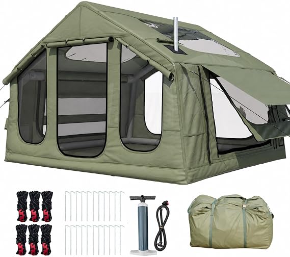 YOLENY 97 FT2 Inflatable Camping Tent, 4-6 Person Blow Up Hot Tent with Stove Jack, 2 Clear Skylights, 4-Side Access and Hand Pump, 300D Oxford 4 Season Family Tent
