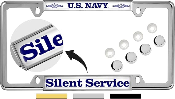 US Navy Silent Service Metal 4-Hole Car License Plate Frame - Chrome | Officially Licensed US Navy Product, Quantity: 1 Frame, Free caps included, 4 Hole, Custom - Made by BestLicensePlateFrames