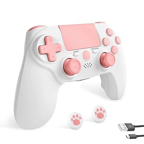 linhugame Controller wireless for ps4,Compatible with PS4/Slim/Pro/PC/IOS,With USB-C Cable/800mAh Battery/6-Axis Gyro/3.5mm Audio Jack/Multi Touch Pad(pink)