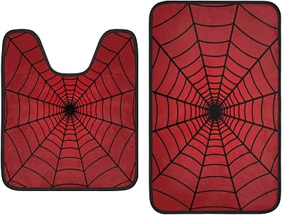 TropicalLife Red Spider Web Bathroom Rugs Sets 2 Piece Bathroom Shower Rugs with U-Shaped Contour Toilet Mat Absorbent Microfiber Bath Mats Non Slip Bath Rugs Machine Washable Bathroom Floor Mats