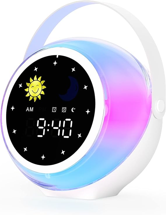 Kids Alarm Clock for Bedroom Decor, Ok to Wake Digital Clock for Toddler with Sunrise & Moon, Noise Sound Machine & Night Light for Girls/Boys, Children Sleep Trainer (Blue-Pink03)