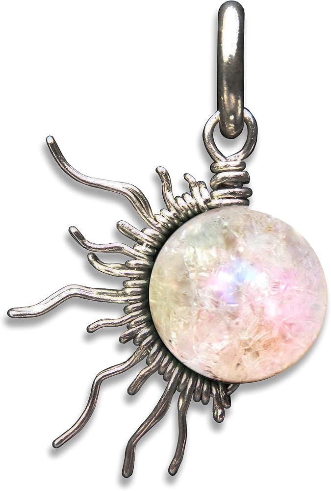 White Angel Aura Quartz 1/2 Sun Wire Pendant- Black Niobium/Silver/Steel/Copper/Bronze/14K Gold, 14K Rose Gold- Pendant or Bracelet Charm April Birthstone Rainbow Gemstone Jewelry - Sun Moon Necklace