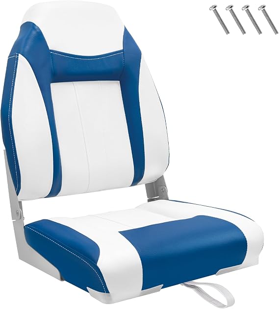 High Back Boat Seat, Folding Boat Seats for Canoe, Thickened Sponge Padding, Stainless Steel Screws Included (High Back-Blue&White 1PC)