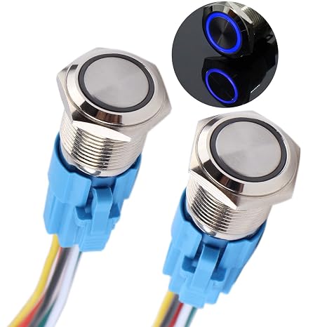 2PCS 16MM Momentary Push Button Switch 12V-24V Ring Led 1NO 1NC Self-Reset ON/Off Metal Round Waterproof 5/8 Mounting Hole with Wire Socket(Blue Led)