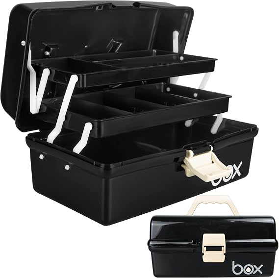 Creahaus 12in 3 Layer Multipurpose Storage Box/Craft Storage Boxes With Compartments/Plastic Black Tool Box/Medicine Storage Box/Hair Accessories Organiser/Sewing Box with 2 Trays