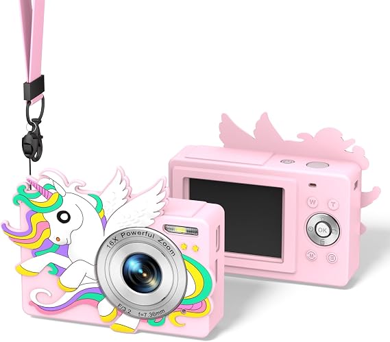 for CAMKORY DC403 Camera Silicone Case, Cute Unicorn Soft Digital Camera Cover, Shock/Scratch Proof Protective with Neck Lanyard (Pink)