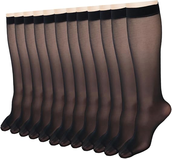 12 Pairs Knee High Stockings for Women, 10D Nylon Sheer Knee High Socks Elastic Fine Sheer Socks with Reinforced Toes