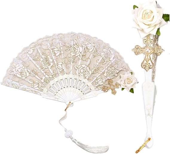 Loizziuy Vintage Gothic Grunge Palace Lace Fan Dark Ornate Retro Rose Folding Fan for Tea Party Aesthetic Stuff K-pop Cosplay Weird Fiction (White)