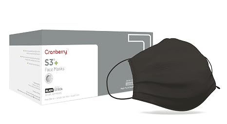 Cranberry USA S3160K S3+ Earloop Face Mask, 3-Ply, Disposable, Black, Pack of 50