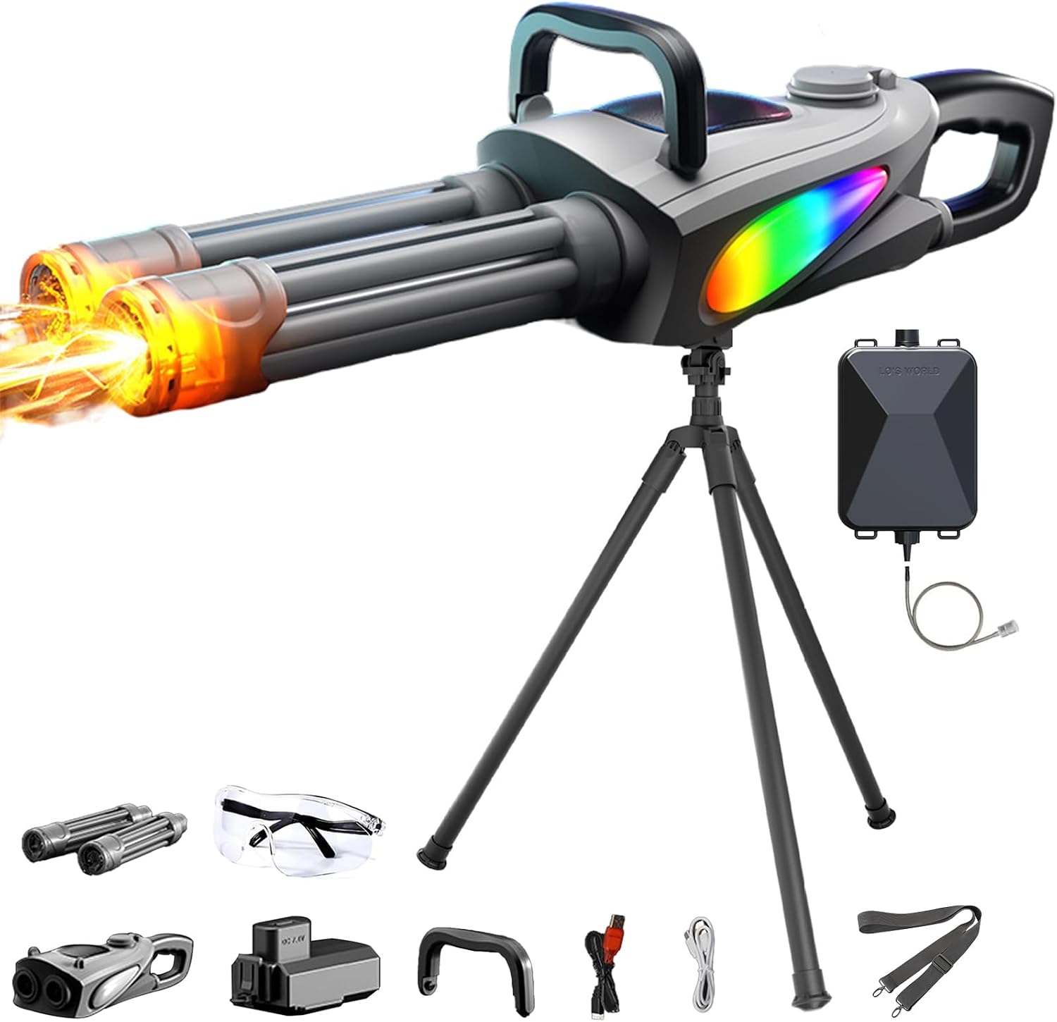 YAYAMIYA Electric Water Gun, Gatling Water Gun, Electric 2 Barrels, Simulation Muzzle Flame Light & 2.5L Water Backpack & 1 Module Battery, Super Strong Distance 32.8 ft 10 m  Color LED Light
