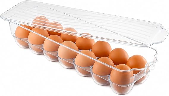 Egg Holder for Refrigerator with Lid Clear Plastic Egg Storage Container for 14 Eggs, Stackable Fridge Organizer Tray for Fresh Egg Storage, BPA-Free Bin