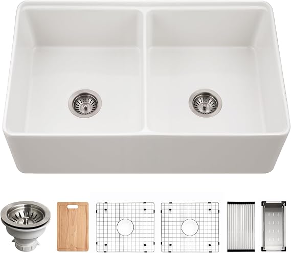 Houzer Aspire White Fireclay Workstation Sink: 33 Inch Farmhouse Apron Front 50/50 Double Bowl Sink with Accessories, Durable & Versatile, Essential for Home & Apartment: PTW-3320SD WH