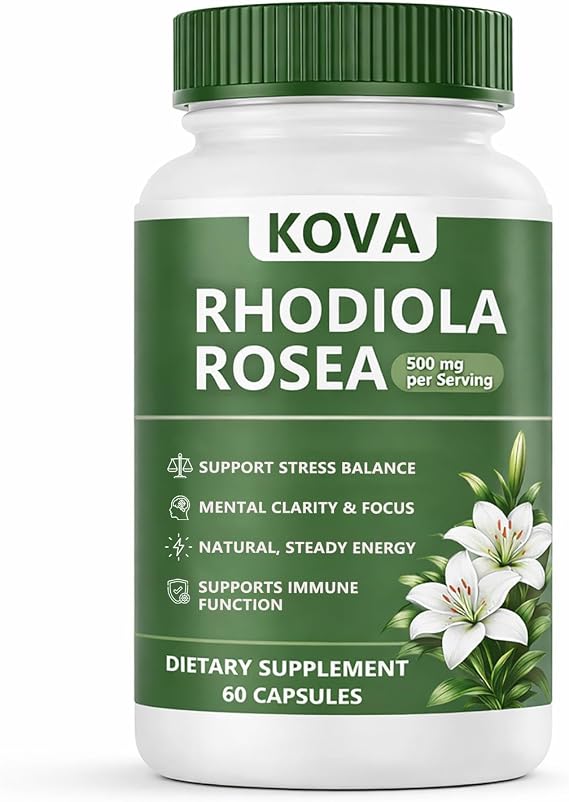 wuliao KOVA Rhodiola Rosea Capsules, Rhodiola Rosea Extract Supplement for Balanced Cortisol - Stress & Focus Support, Metabolism, Energy & Immune Health 60 Capsules (1)