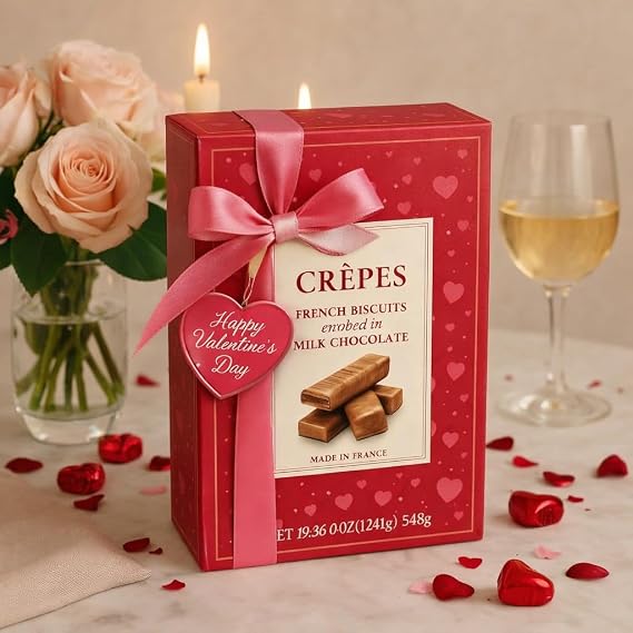 Luxury Crepes French Biscuit Gift Box, Milk Chocolate Covered Crispy Crepe Cookies European Gourmet Chocolate Biscuits in Elegant Gift Packaging, 19.36 oz Valentines Chocolate & Christmas Gift Box.Package May Vary