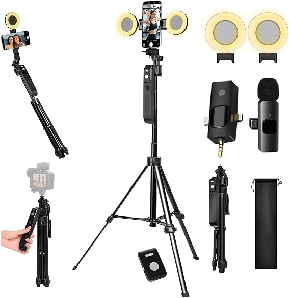 Vlogging Kit for iPhone/Andriod,70.9 Auto Face Tracking Tipod | 360 rotatable selfie stick tripod, content creator essentials, yutube starter kit, gesture control ,with remote Mic and light