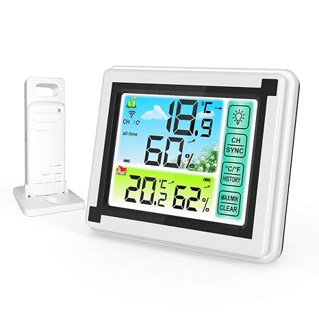 Number-one Wireless Weather Station Indoor Outdoor Thermometer with Remote Sensor, Digital Temperature and Humidity Monitor with LCD Backlight, Touchscreen, Min/Max Records for Home, Office, Baby Room