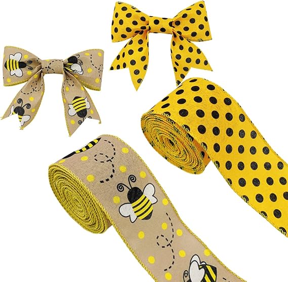12 Yards Bumble Bee Ribbons Bee Wired Edge Ribbon Honeybee Decorative Ribbons for Wrapping Floral Hanging Ornaments Home Decoration