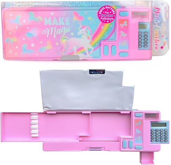 Hot Focus Unicorn Pencil Case Multifunction Mechanical Pencil Box for Girls, 2 Compartments w/Pop-Out Calculator & Sharpener, Stationery Set, Perfect Stationery Gift for Kids & Teens (Unicorn)