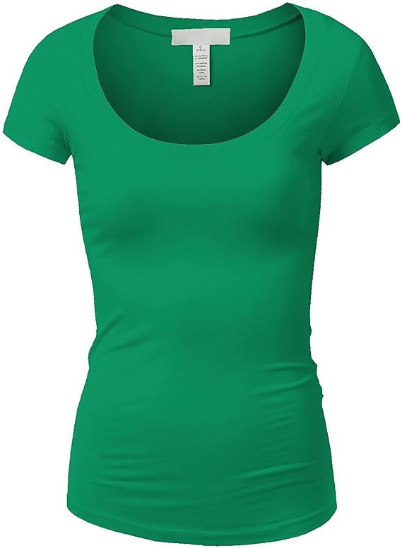 Active Basic Womens Plain Basic Deep Scoop Neck with Cap Short Sleeves - Emerald - X-Large
