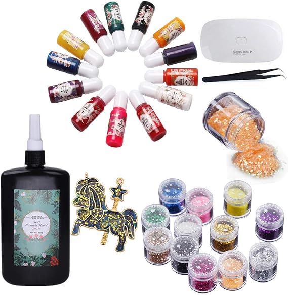250g UV Epoxy Resin Transparent Crystal Clear + Color Pigments Set + 12pcs Multicolored Glitters & Flakes + Portable UV LED Lamp with USB + Tweezers, Jewelry Making DIY Kit Non-Toxic Fast Curing