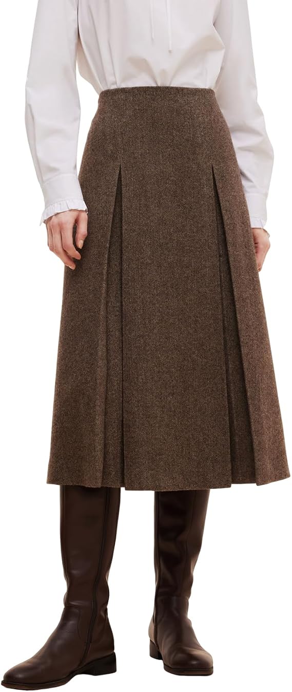 GOELIA Women's 100% Washable Merino Wool Skirts Fall Winter High Waisted Front Pleats A-Line Long Skirts Fall Winter