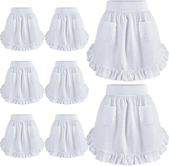 Waist Apron Women, Maid Half Ruffle Apron with Pockets | Adjustable Chef Cooking, Vintage French Kitchen Costume, Halloween Cosplay, Girls Waitress Uniform Christmas Party, Bulk Set