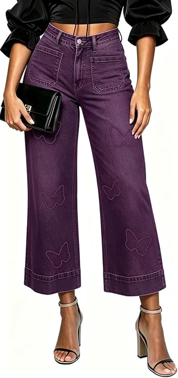 Women's Cropped Wide Leg Jeans Butterfly Elastic High Waisted Baggy Flared Jeans Trendy Stretchy Denim Pants
