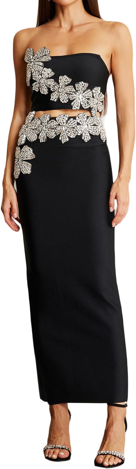 BELLA BARNETT Strapless Two Piece Skirt Set for Women Bandage Dress Rhinestone Flower Cocktail Outfit for Women's Birthday