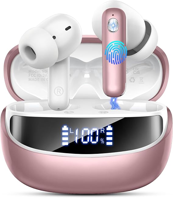 Wireless Earbuds, Bluetooth 5.4 Headphones with 4 ENC Noise Cancelling Mic, 45Hrs Playtime Bluetooth Earphones HiFi Stereo Deep Bass, in Ear Earbuds IP7 Waterproof, Wireless Headphones Rose Gold