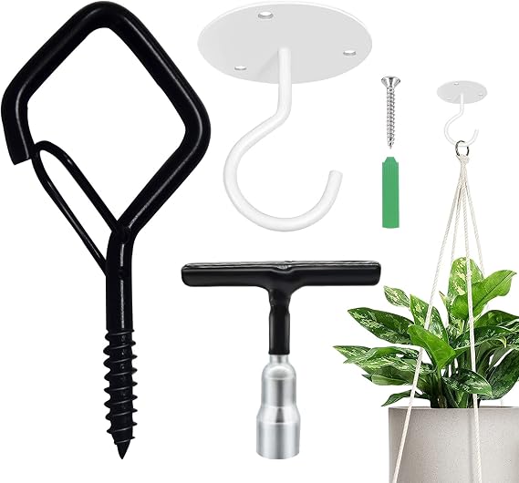 3-Pcak White Ceiling Hooks for Hanging Plants & 20 PCS Black of Square-Shaped of Hooks for Hanging Plants, Ourdoor Hooks,Wall Mount Hooks for Wind Chimes, Bird Feeder, Lanterns, Outdoor Decora
