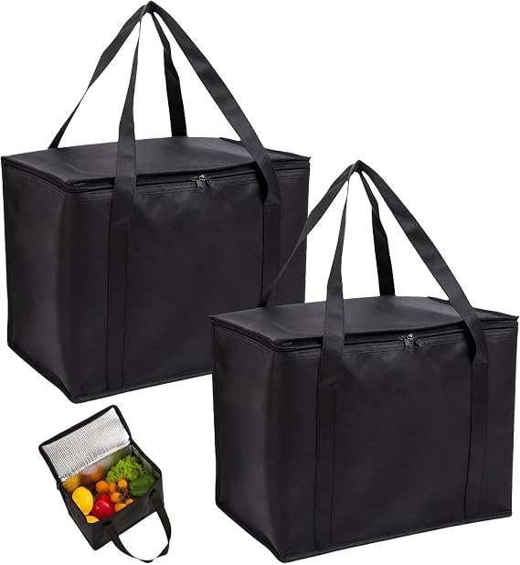 2 Pack Delivery Bag, Insulated Cooler Bag, Large Food Delivery Bags, Reusable Warm & Cooler Bags with Durable Handles Dual Tab Zips for Pizza BBQ Grocery Picnic, 35×23×26cm