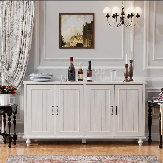 Sideboard Buffet Cabinet with 4 Doors, Vintage Coffee Bar Station, White
