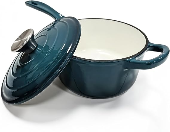 Enameled Cast Iron Saucepan, Non Stick Sauce Pan with Lid, Oven, Grill, Campfire & Stovetop Safe (Peacock Blue, 2 Quarts)
