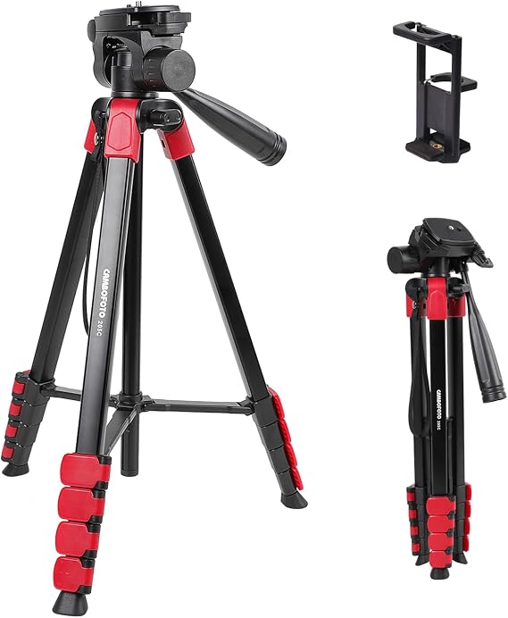 CAMBOFOTO 172 cm Professional Aluminium Tripod with Clip Carry Bag and Multi-Device Compatibility