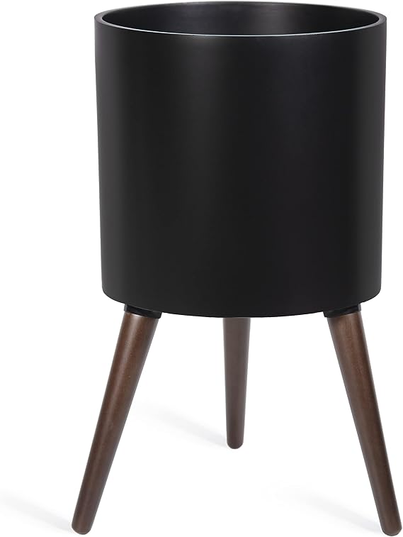 D'vine Dev 12 Inch Planter Pot with Wood Stand, Black, 88-O-C-2