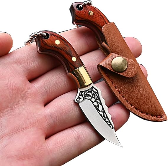 Ultra Small Fixed Blade Knife, 1.57 inch 5Cr Stainless Steel Blade with Brass+Colored Wood Handle, Mini Knife/Box Cutter with Leather Sheath for EDC Gift Collection Cutting