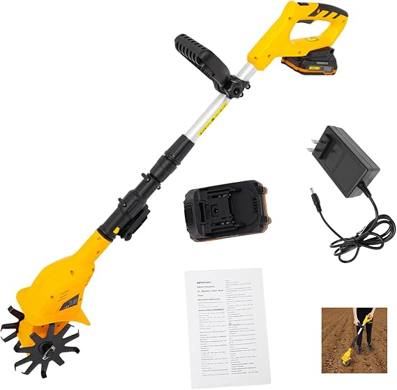 Cordless Tiller Cultivator 20V 250RPM Handheld Telescoping Electric Garden Tiller with 2.0Ah Batteries & Charger, 9.8In Tilling Depth Battery Powered Rototiller for Gardening, Lawn, Soil