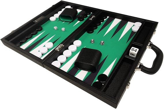 16-inch Premium Backgammon Set - Medium Size - Black Board, Green Playing Surface, White and Black Points